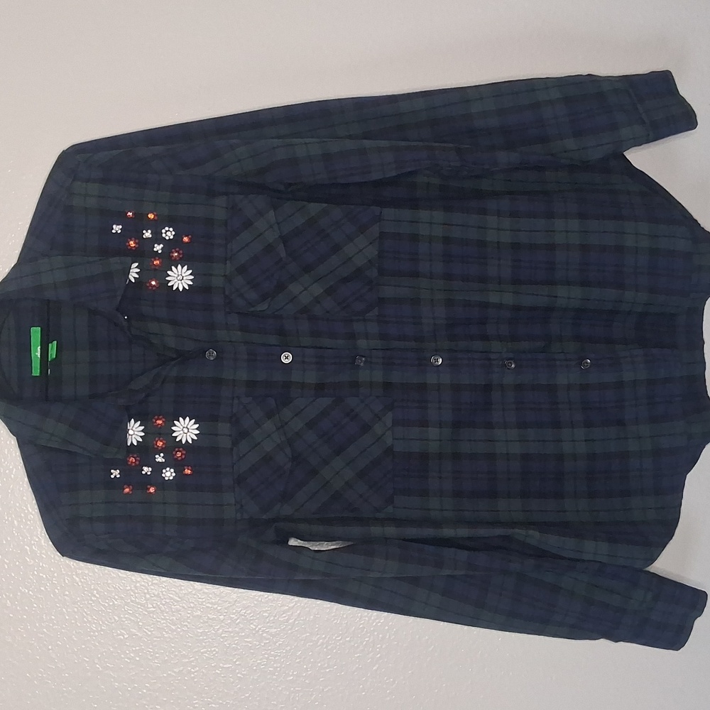 Dip Women Shirt Long Slv Plaid Floral Embroidery Beaded Boho Fall M